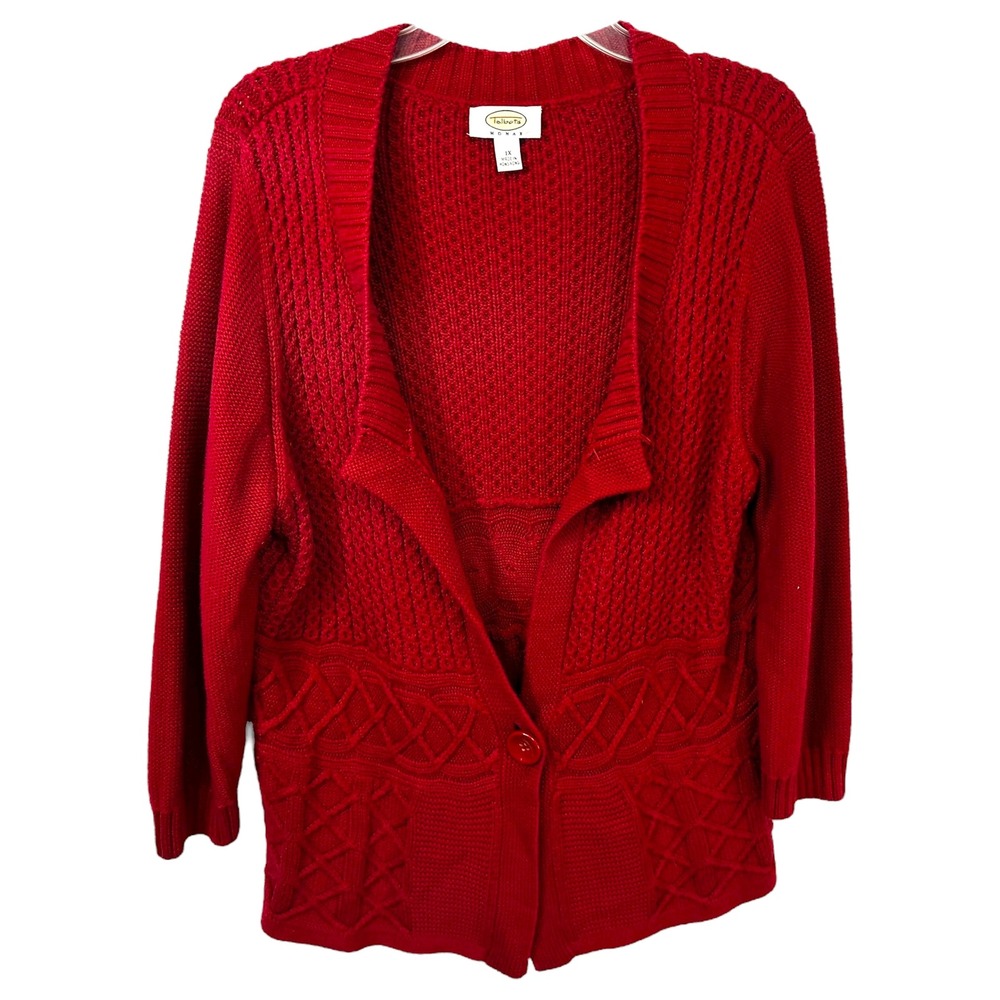 Talbots Plus Size 1X Cardigan Knit Sweater Red Cable Button Front Office 1722‎